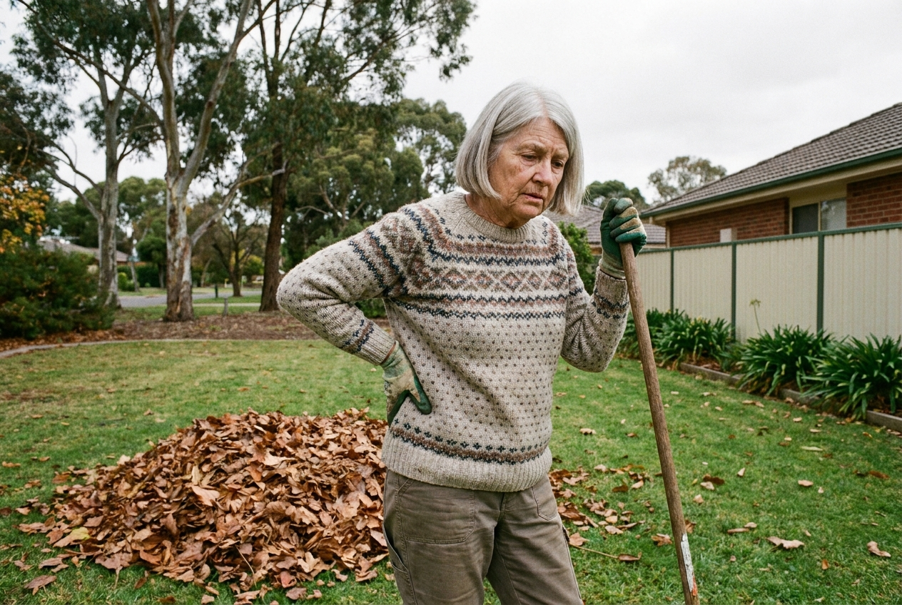 Tired older woman leaning on a rake beside a pile of leaves
