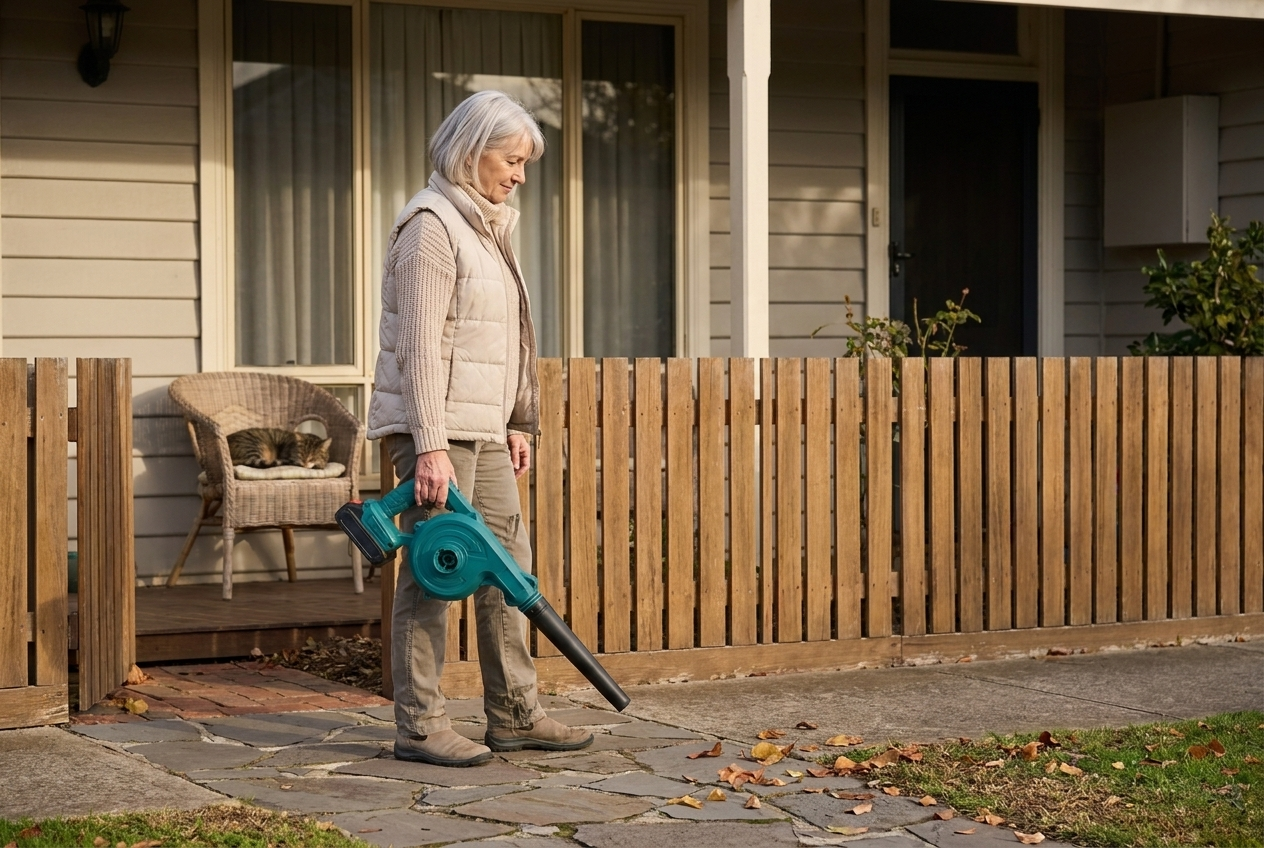Older woman quietly clearing her front path early in the morning