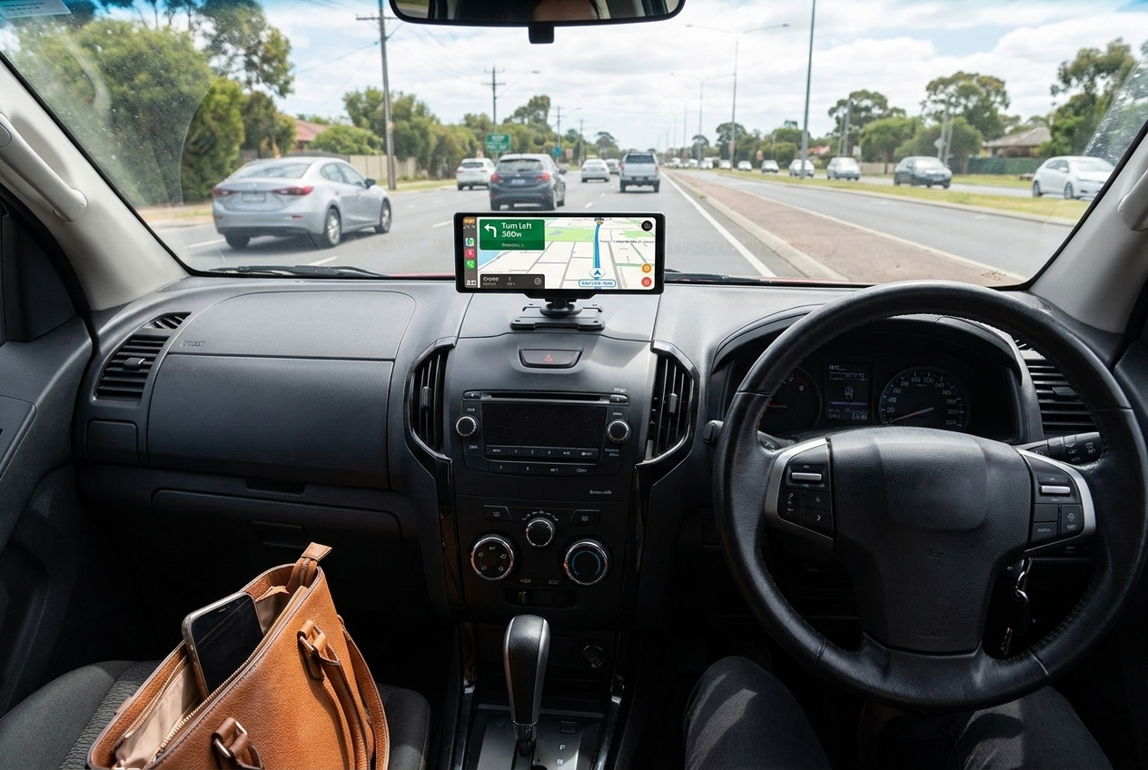 The 10 inch screen showing maps at eye level
