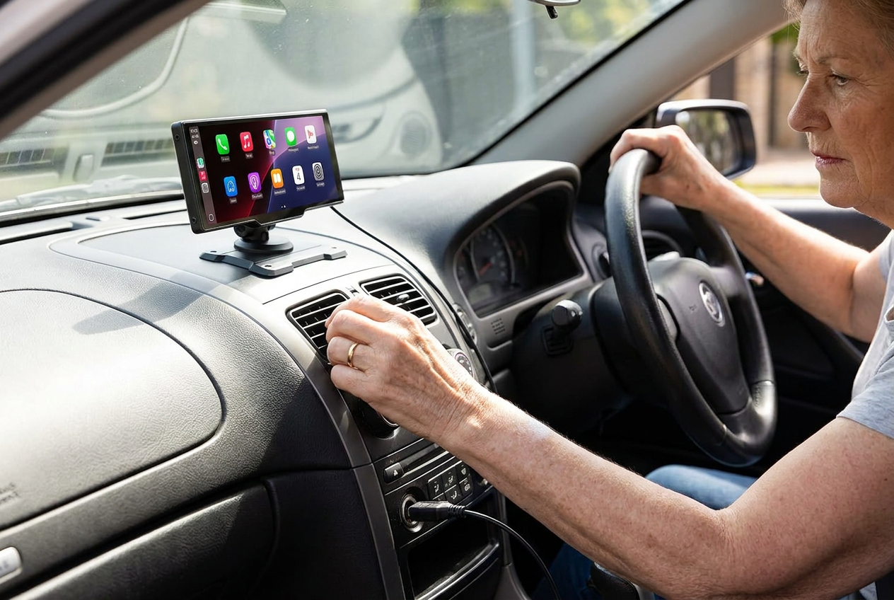Plugging the screen into the cigarette lighter
