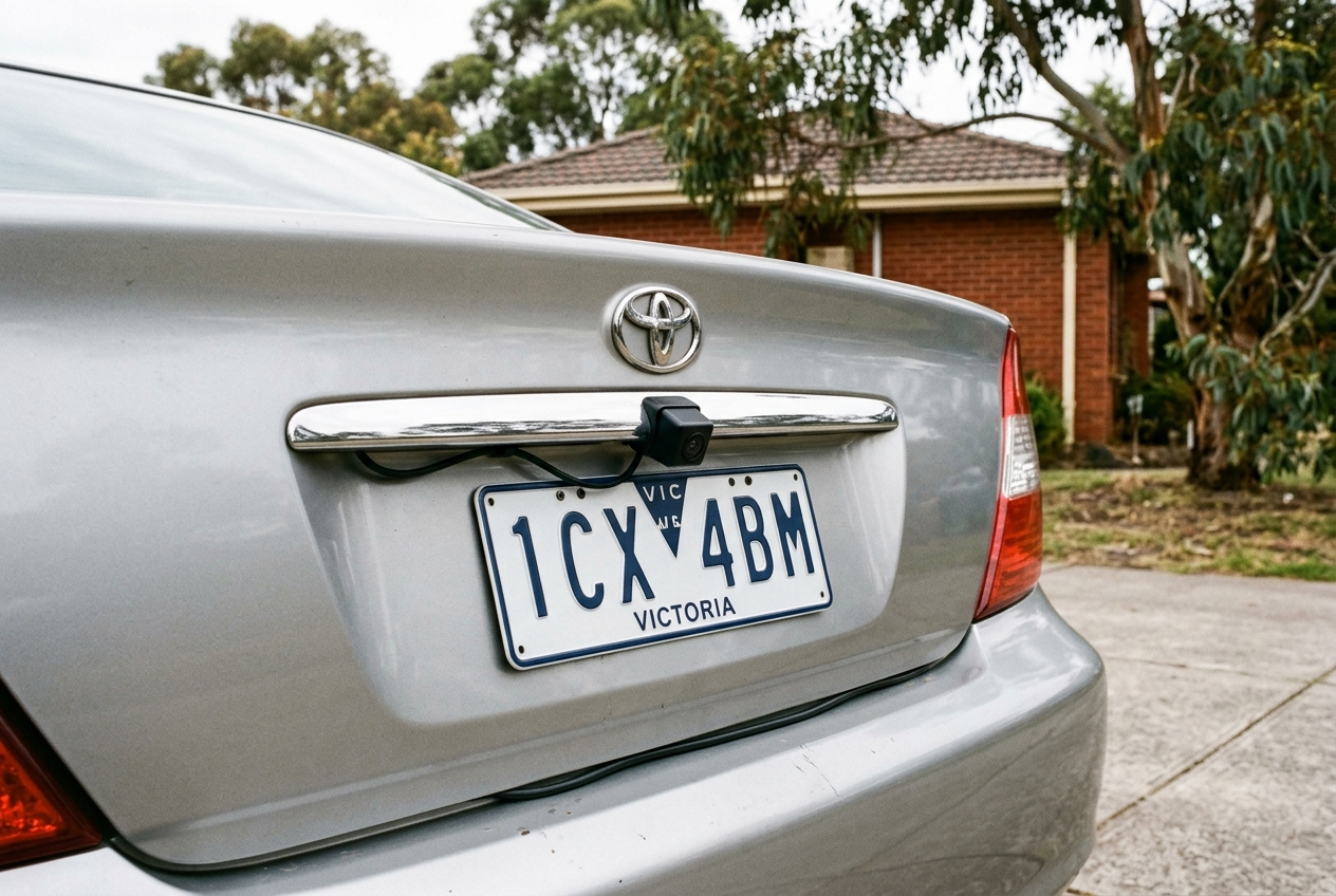 The reversing camera mounted above the number plate