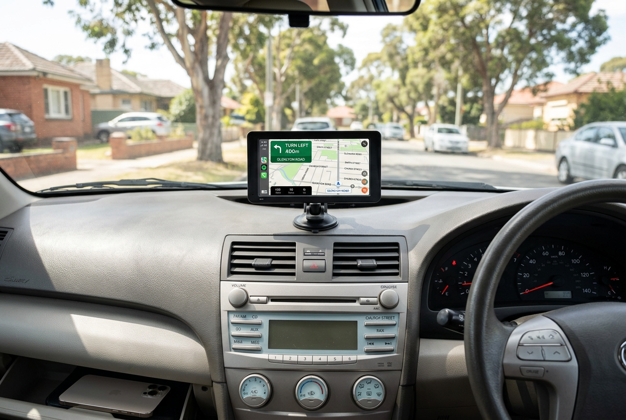 The screen at eye level in the Camry, phone put away