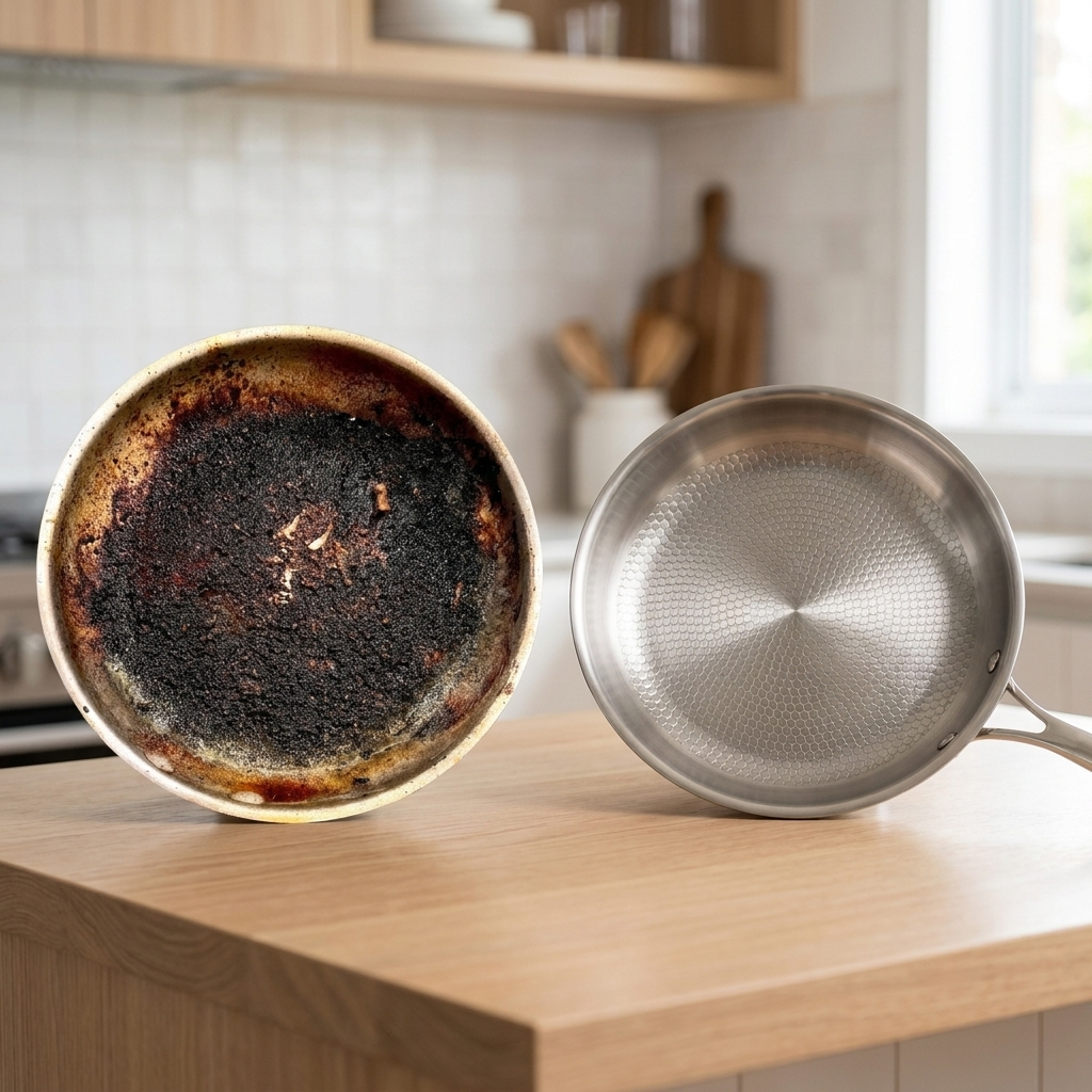 Old flaking non-stick pan next to the solid titanium pan with no coating