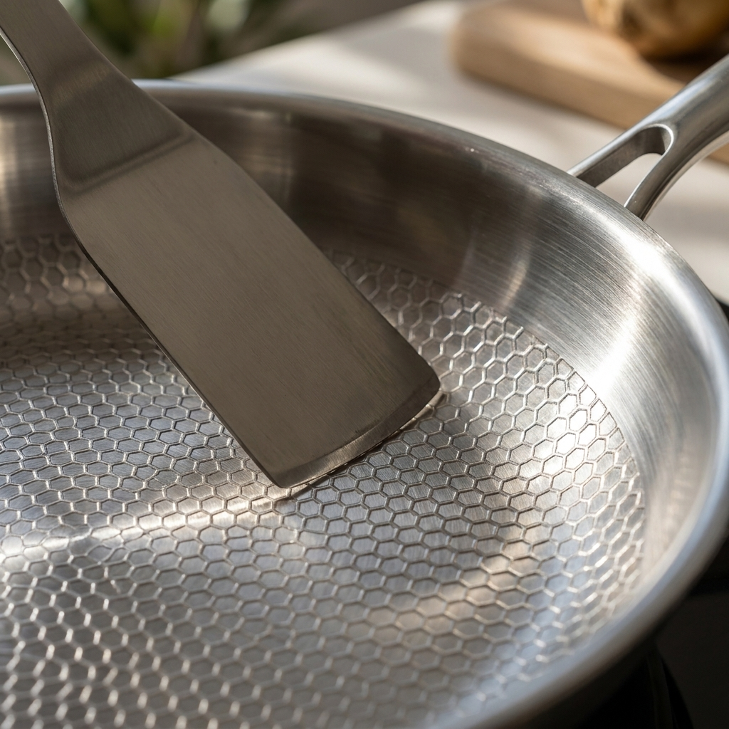 Metal spatula scraping hard across the titanium surface leaving no mark