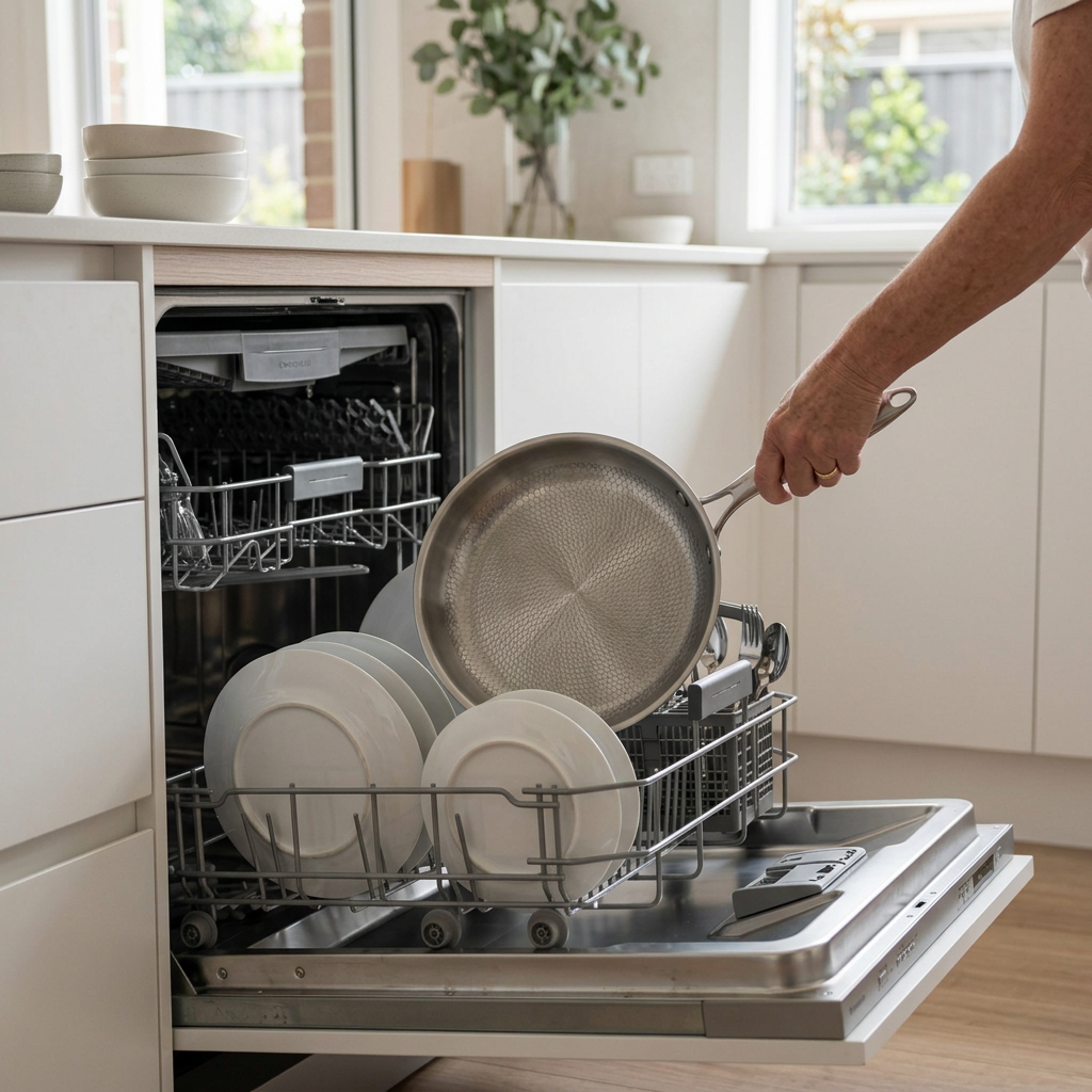 Titanium pan going into the dishwasher rack