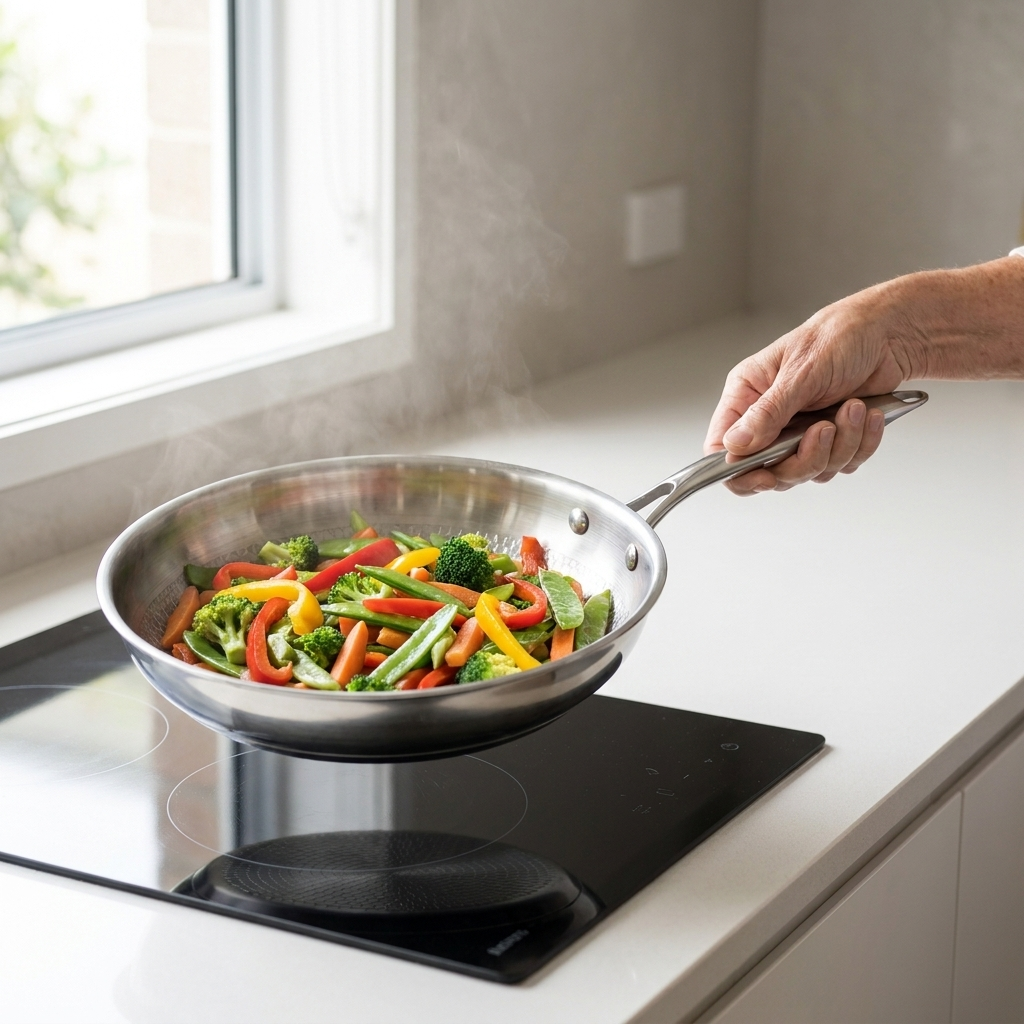 Woman lifting the fully loaded titanium pan off the cooktop with one hand