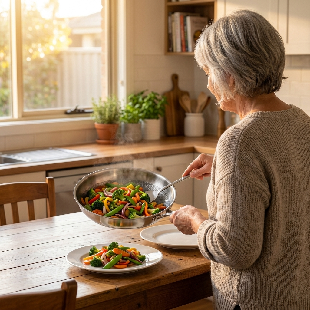 Serving a family dinner one-handed from the titanium pan