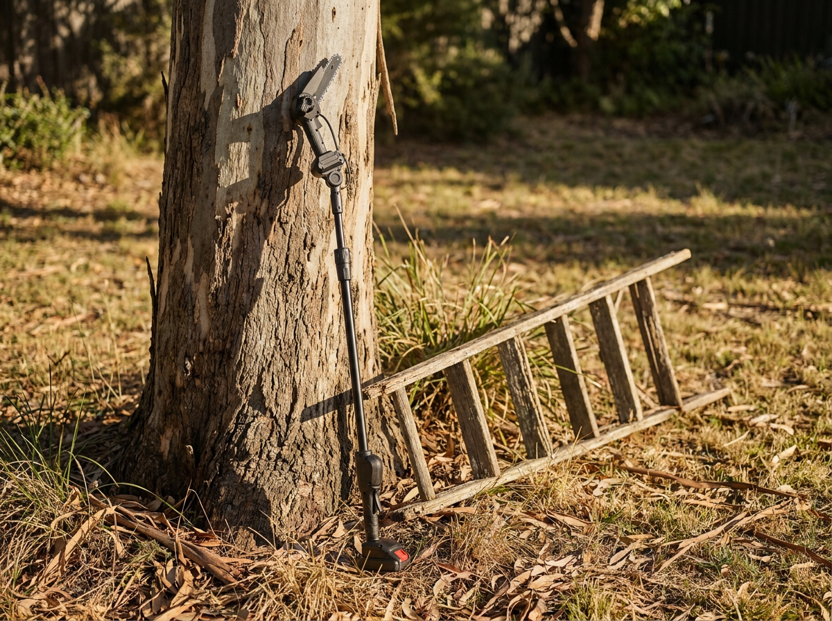 The old ladder retired on the grass while the pole chainsaw does the work
