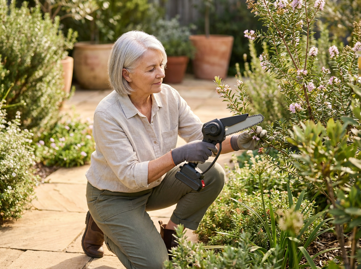 Using the detached handheld saw head on a garden shrub