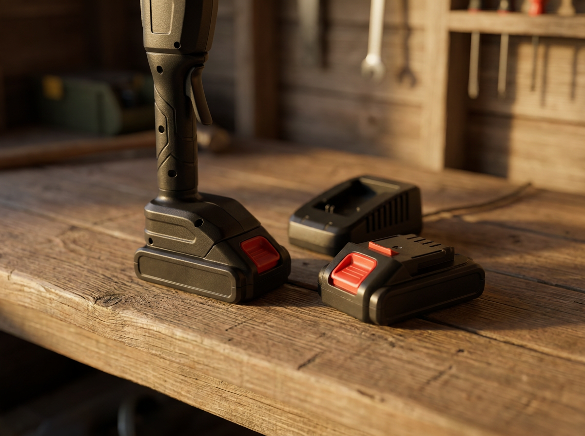 Two batteries and charger on the workbench