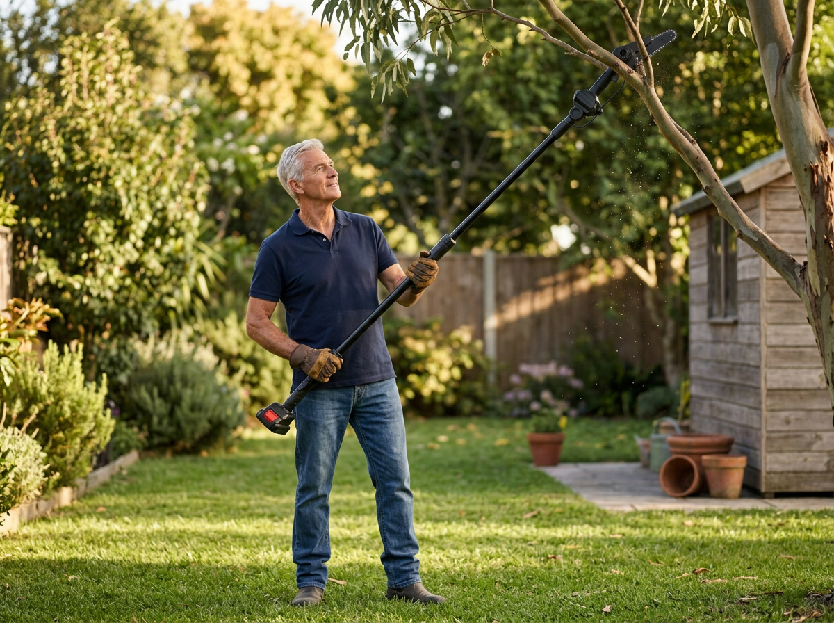 Older Australian man trimming a high branch with both feet on the ground