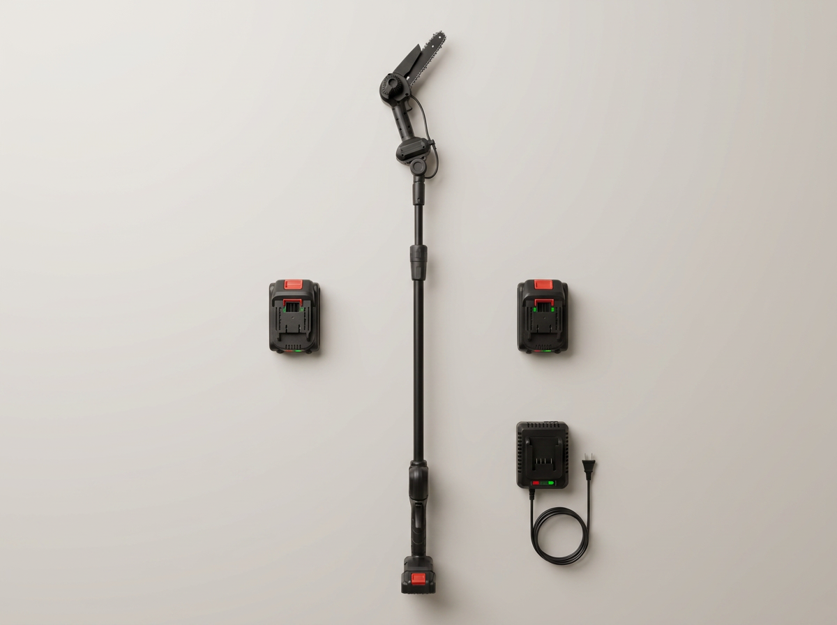 The full kit laid out: saw, pole, two batteries and charger