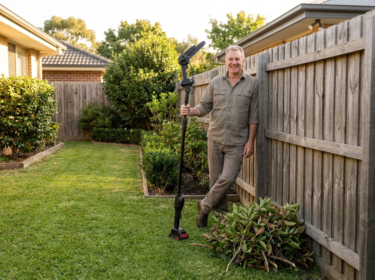 Happy man beside a tidy pile of freshly cut branches