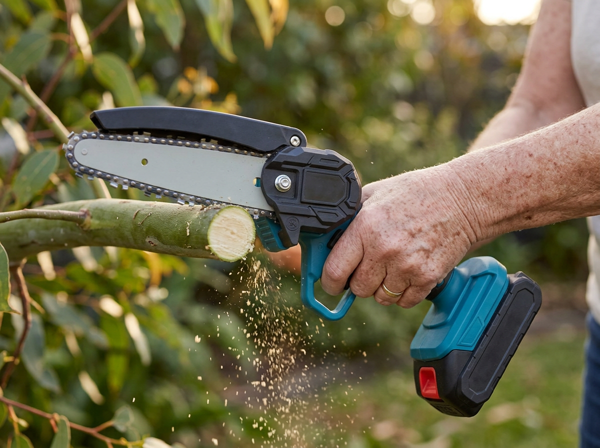 Close view of the Mini Chainsaw cutting through a wrist-thick branch