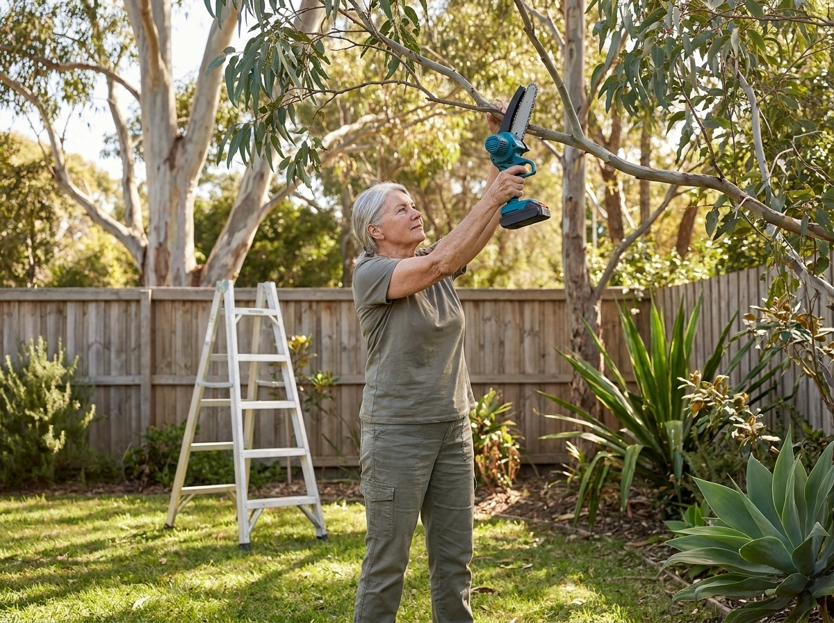Woman cutting an overhead branch one-handed with the step ladder unused on the grass