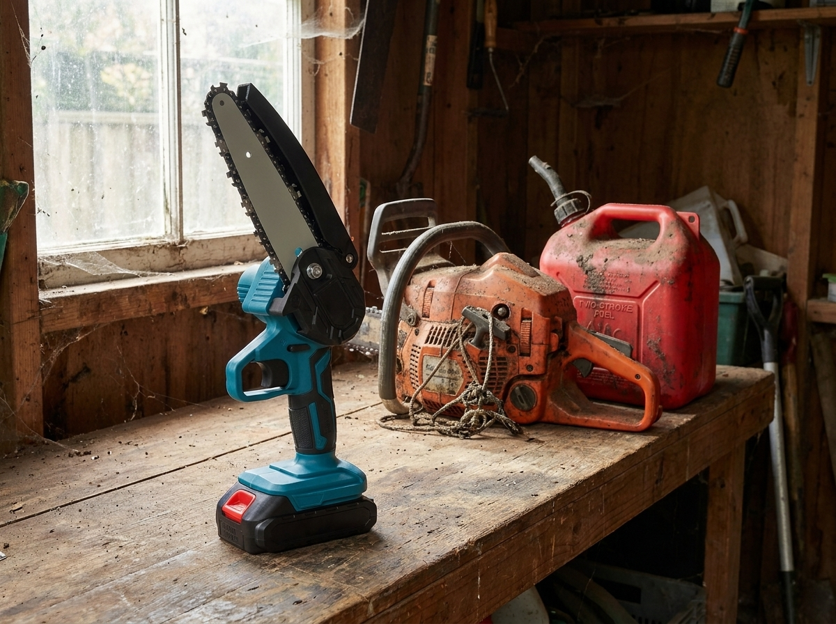 The Mini Chainsaw on a shed bench with an old petrol chainsaw and jerry can pushed aside behind it