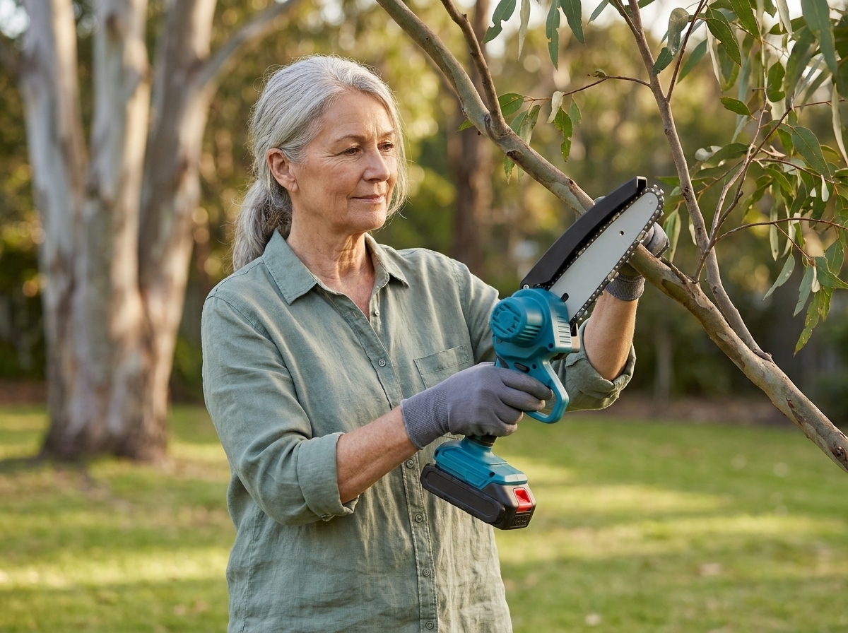 Older Australian woman trimming a branch one-handed with the BetterGardens Mini Chainsaw
