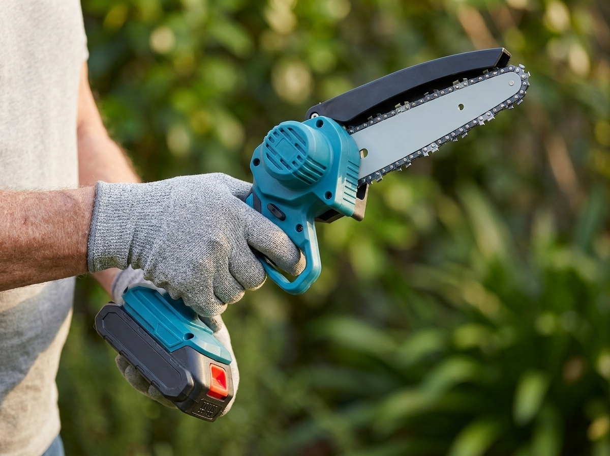Older gloved hands gripping the Mini Chainsaw comfortably