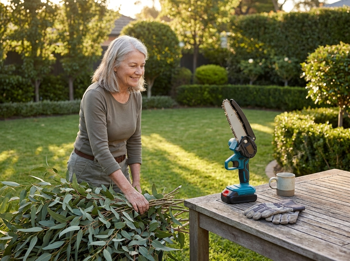 Older woman clearing cut branches from her freshly pruned garden