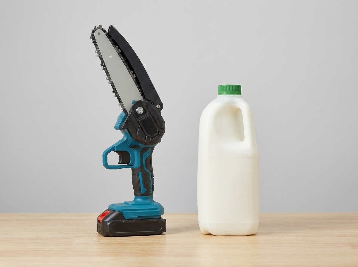 The Mini Chainsaw beside a 2 litre milk bottle for size