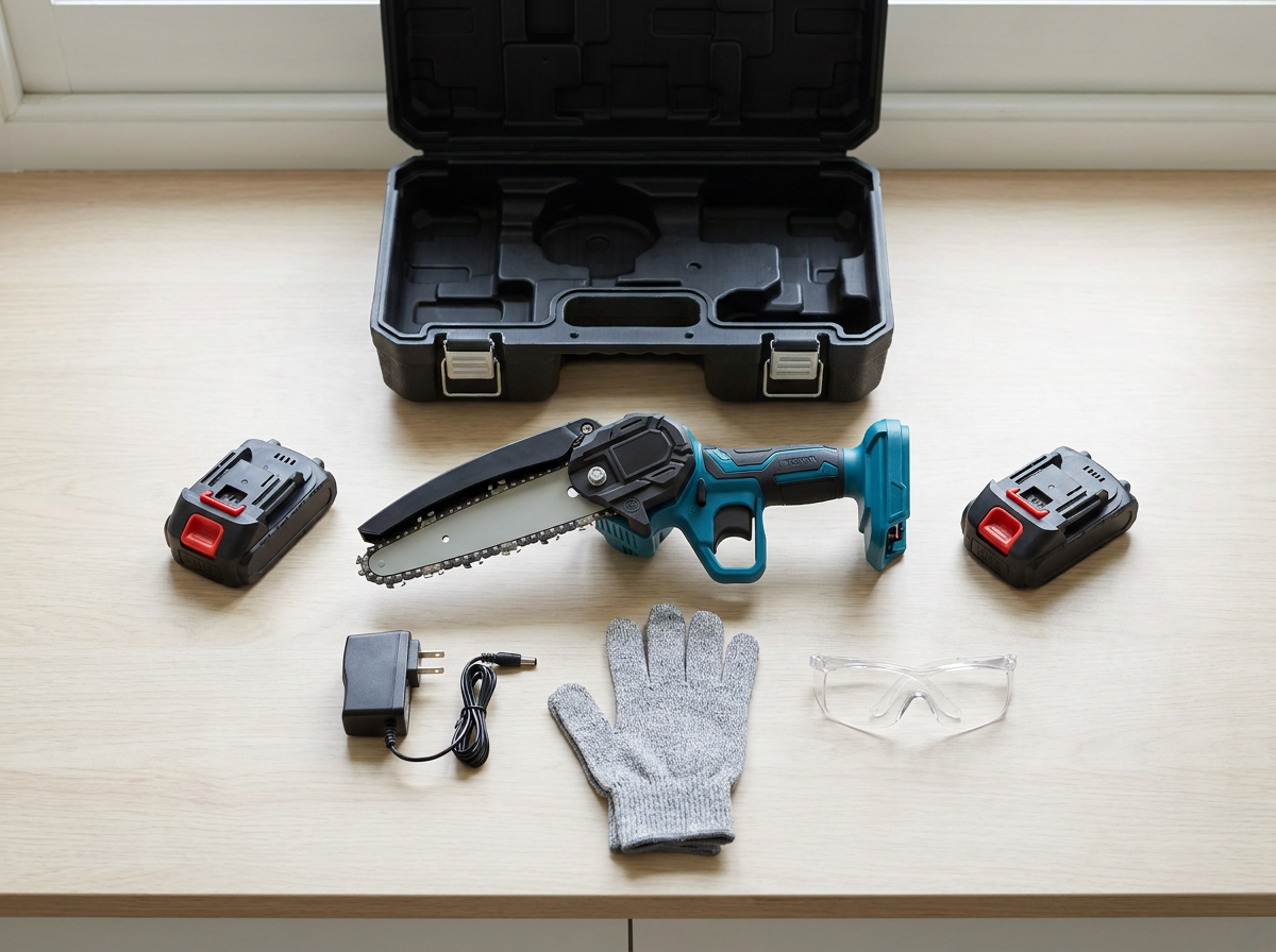 The full Mini Chainsaw kit laid out: saw, two batteries, charger, gloves, safety glasses and hard case