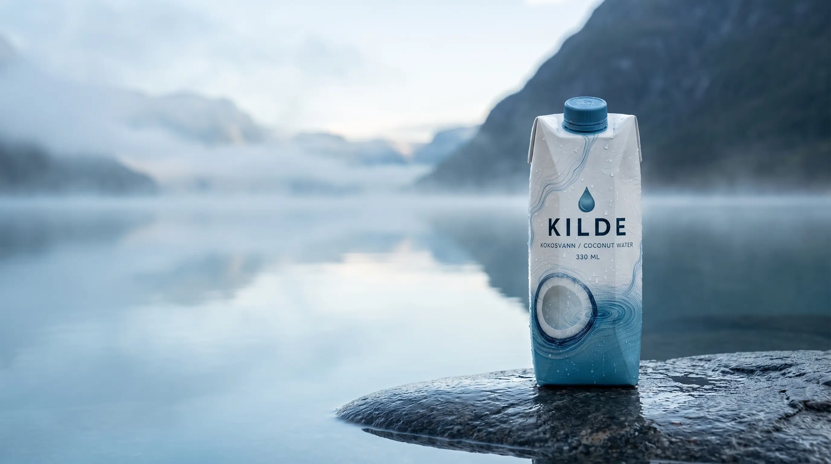 KILDE Kokosvann-kartong ved en norsk fjord