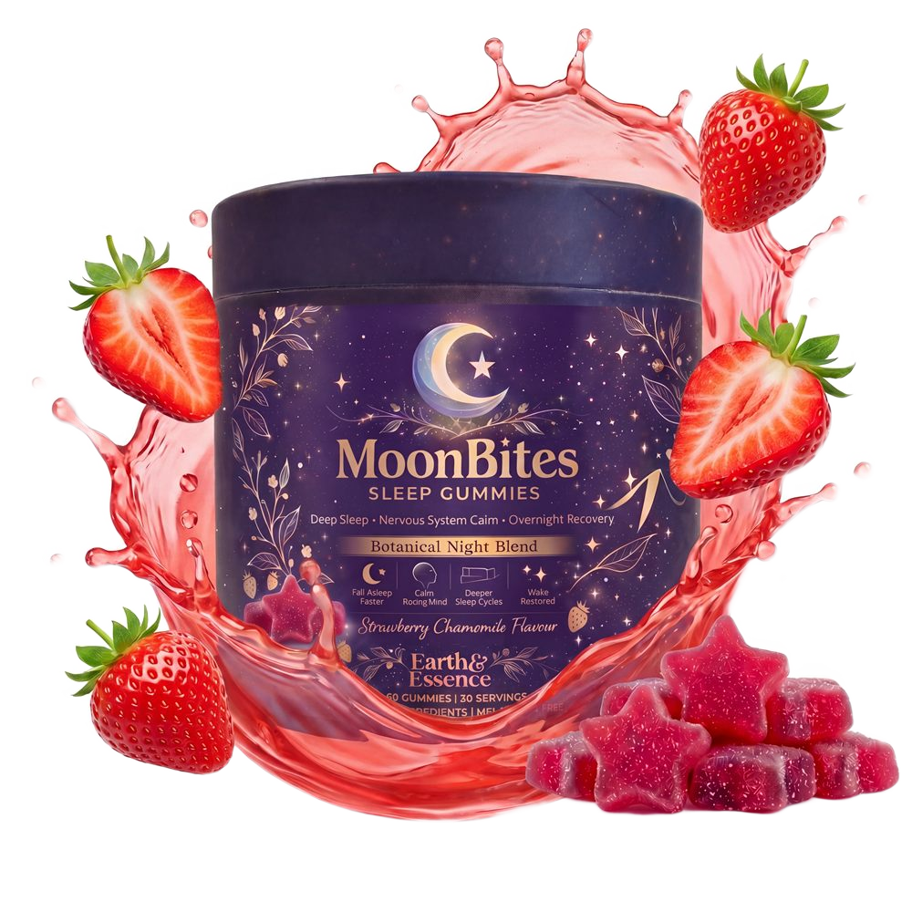 MoonBites Sleep Gummies with fresh strawberries