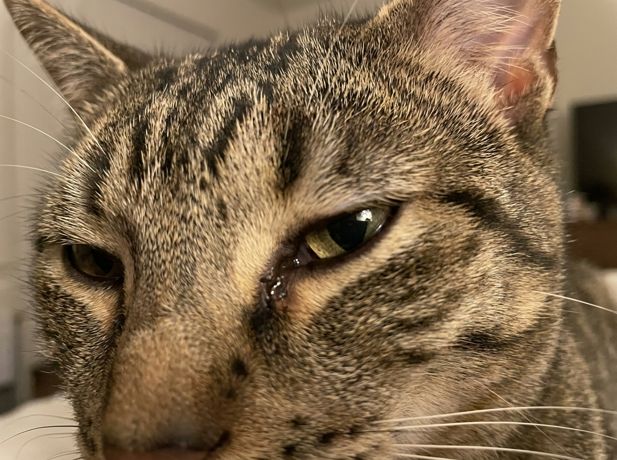 Wiping crust from a cat's eye in the morning