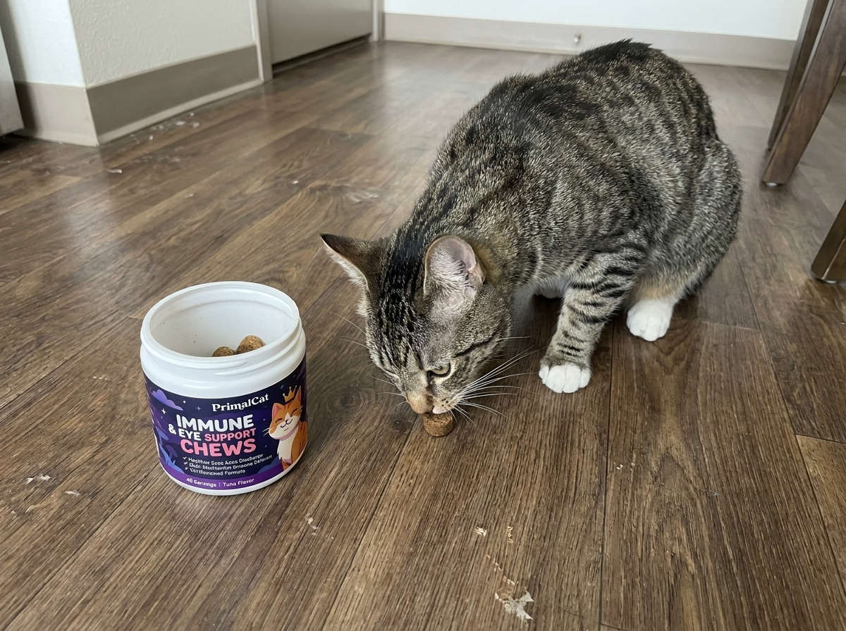 Leo eagerly eating a PrimalCat chew next to the tub