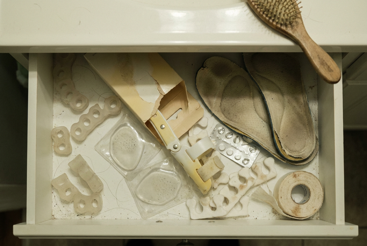 A drawer of spacers, gel pads, insoles, tape, and a rigid corrector still half in its packaging