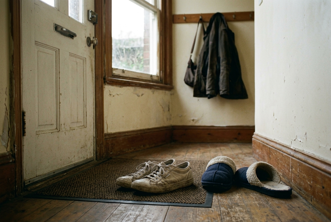 Work sneakers sitting untouched by the back door, laces still tied