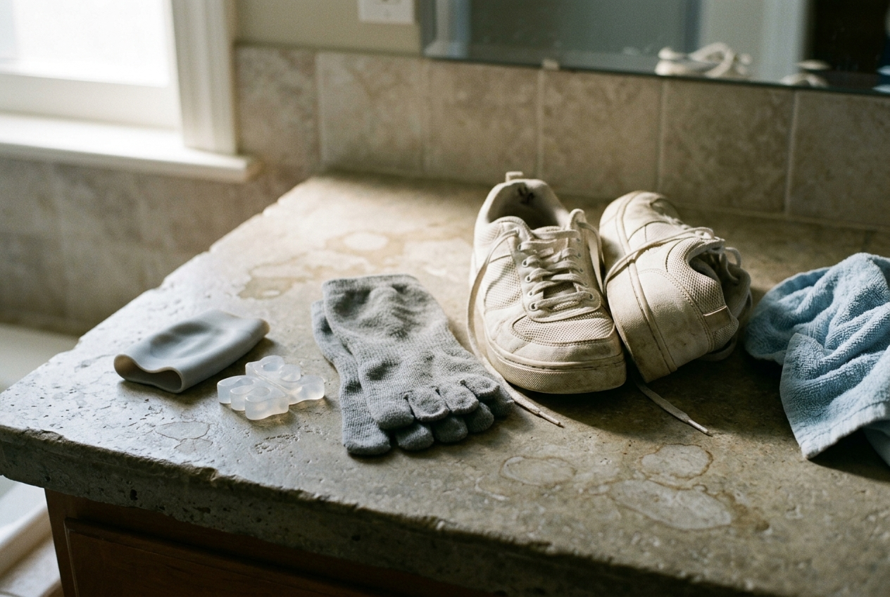 Gel sleeve, toe spacers and five-toe socks on a bathroom counter beside work sneakers