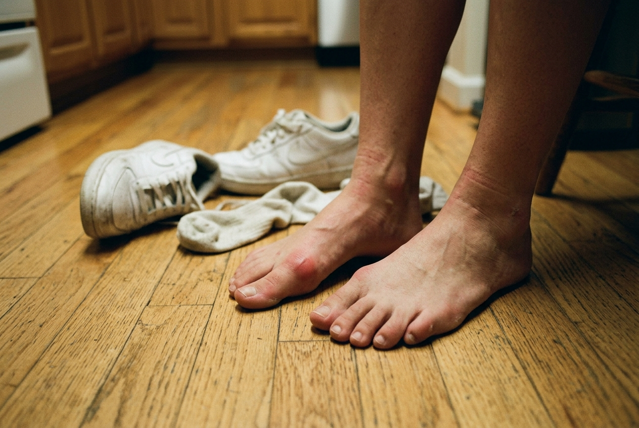Bare feet on a kitchen floor at the end of a shift, work shoes kicked off