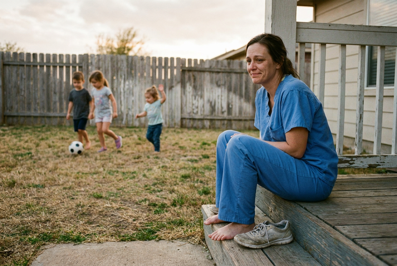 A woman in scrubs sitting on a back step while her kids play on the lawn