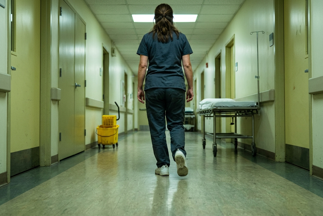 A nurse walking down an empty hospital corridor at night