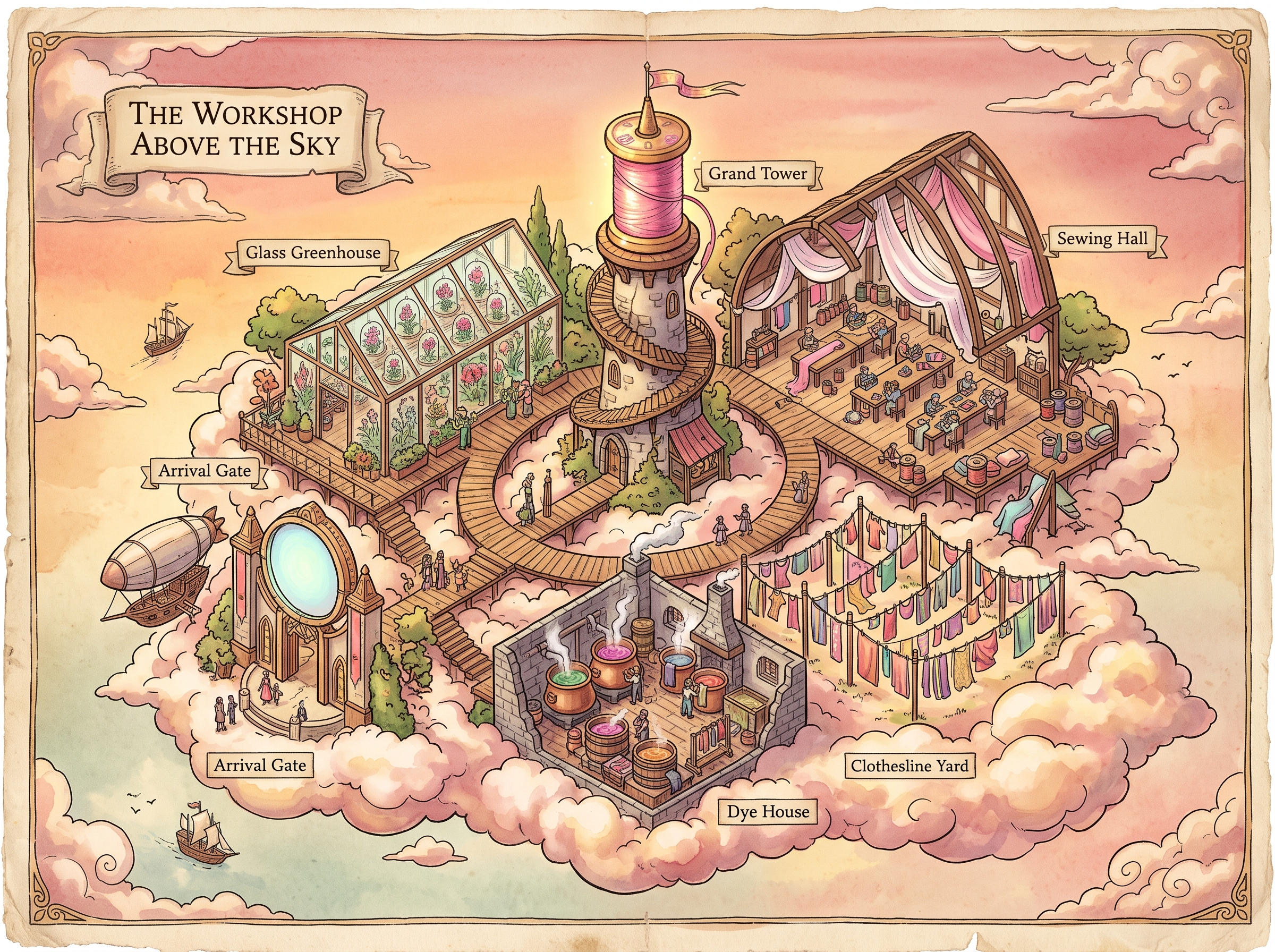 Mapa ilustrado del taller donde se pintan los cielos