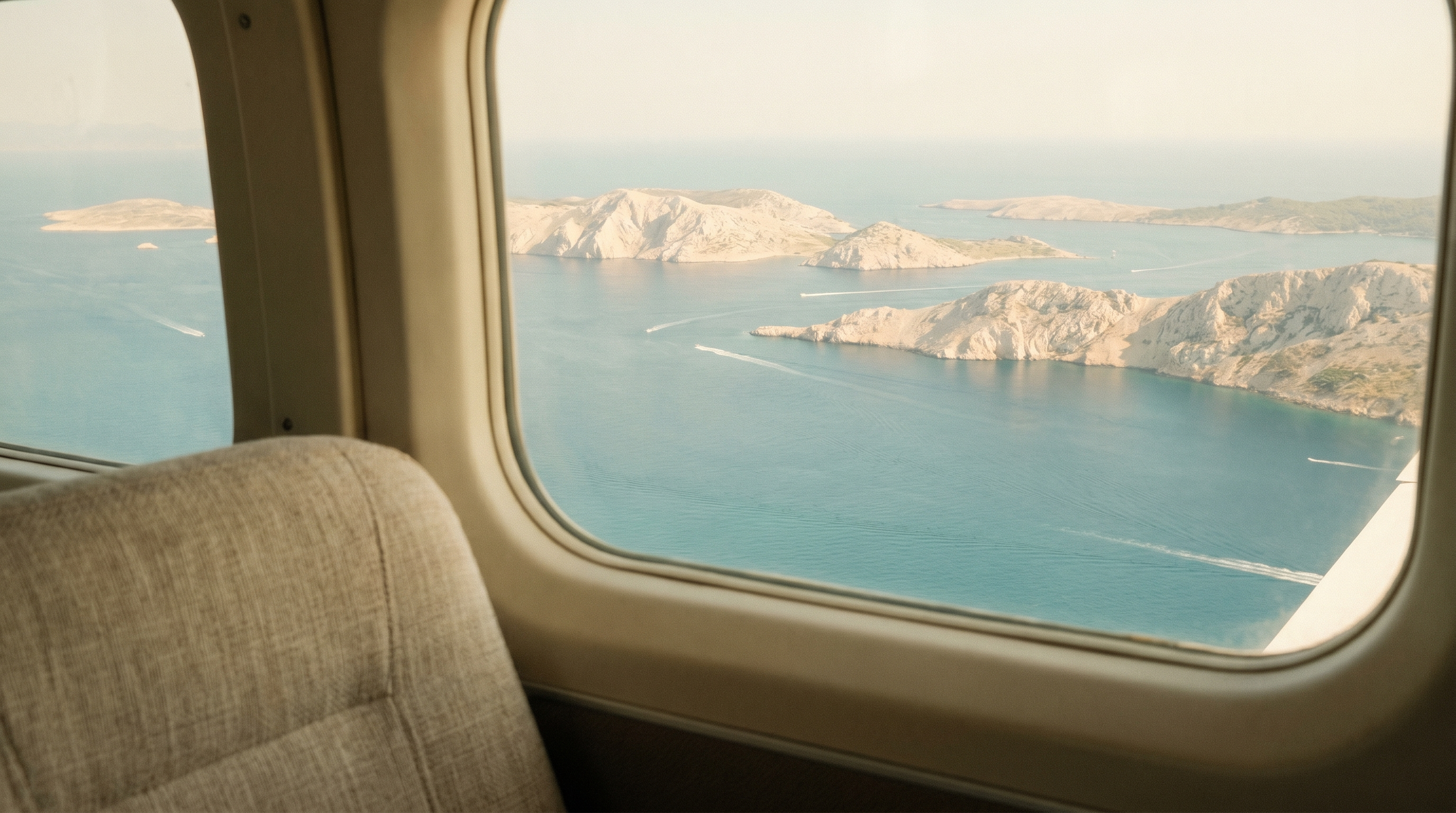 View from an aircraft window descending over scattered limestone islands in the turquoise Adriatic sea.