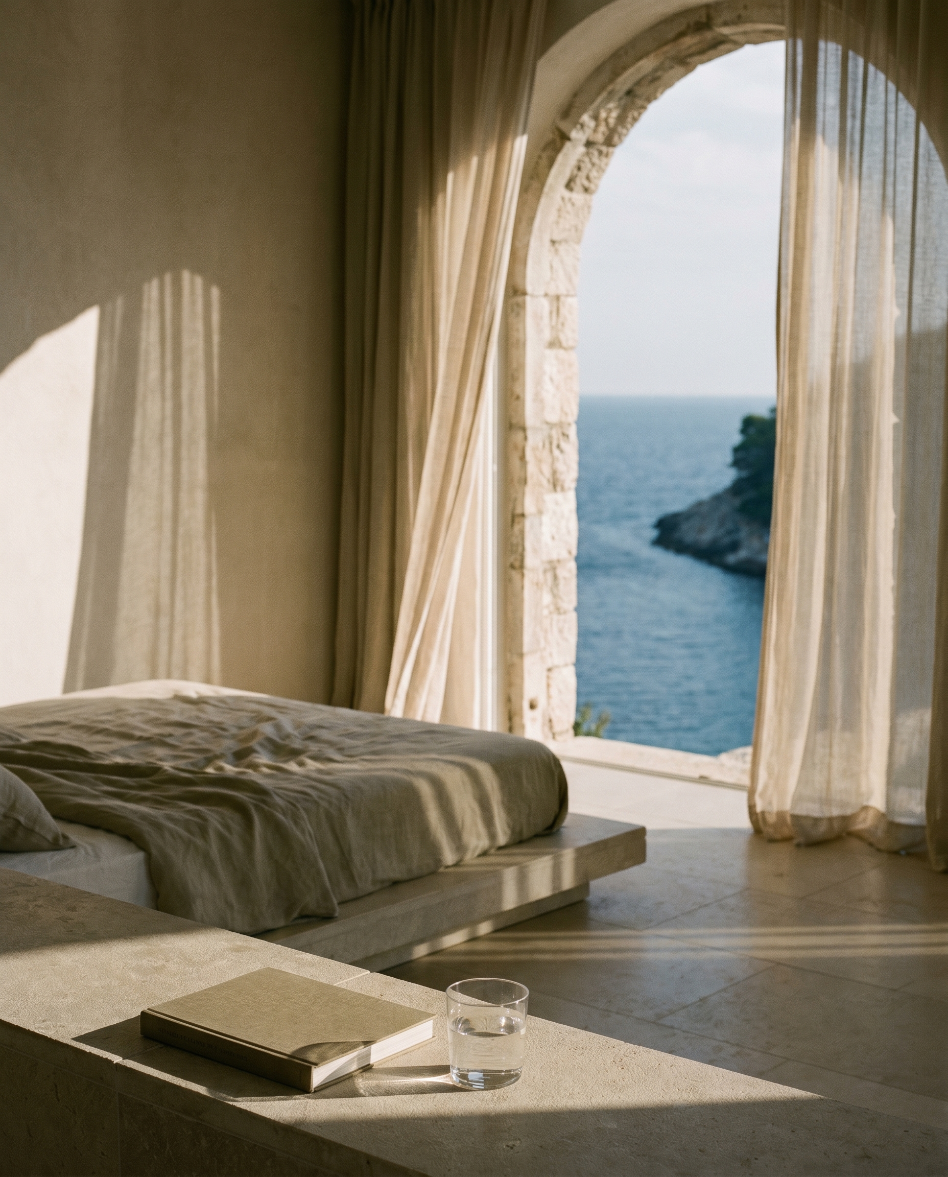A serene Aman-style stone suite with linen-draped bed and an open doorway framing the Adriatic.
