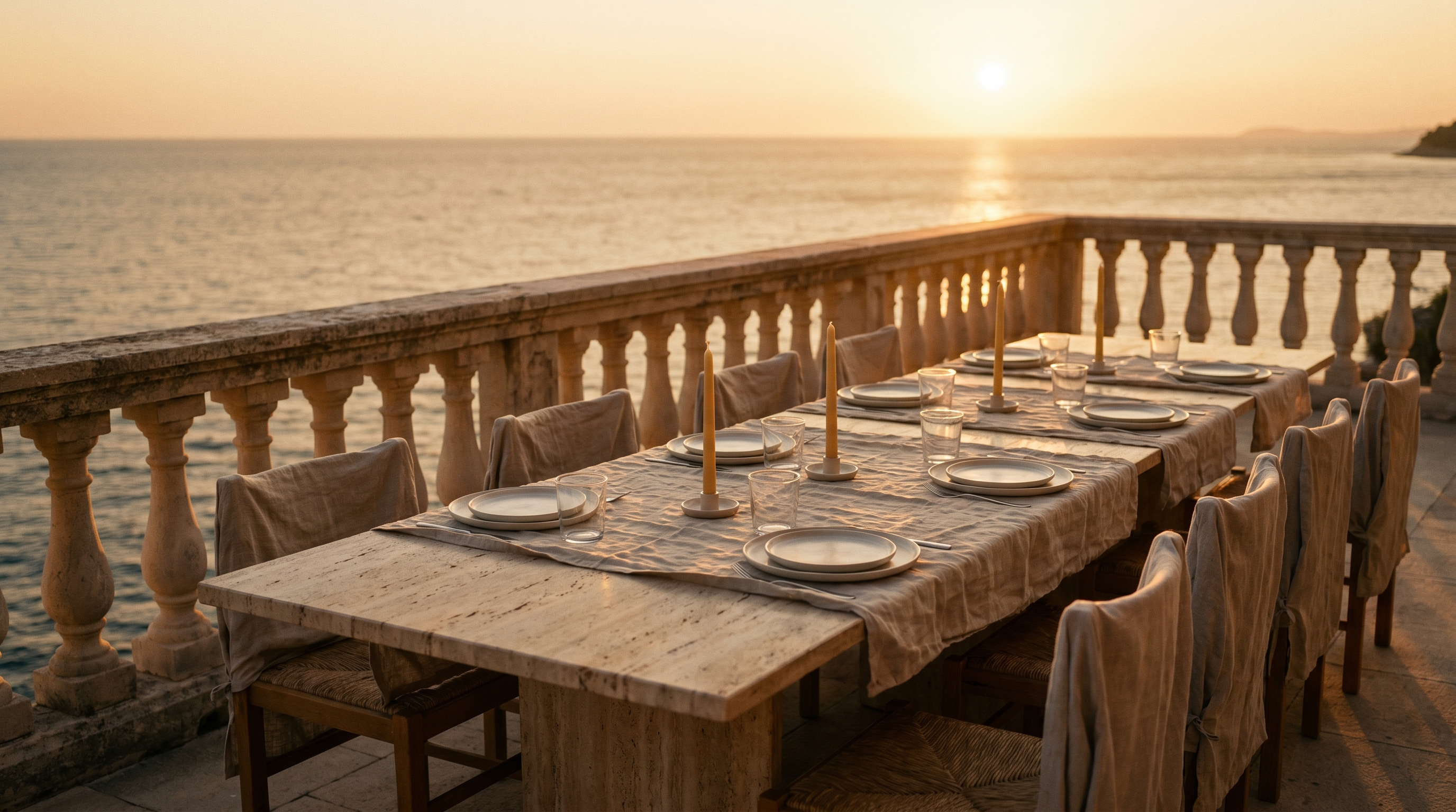 A stone terrace dinner table dressed in linen overlooking the Adriatic at golden hour.