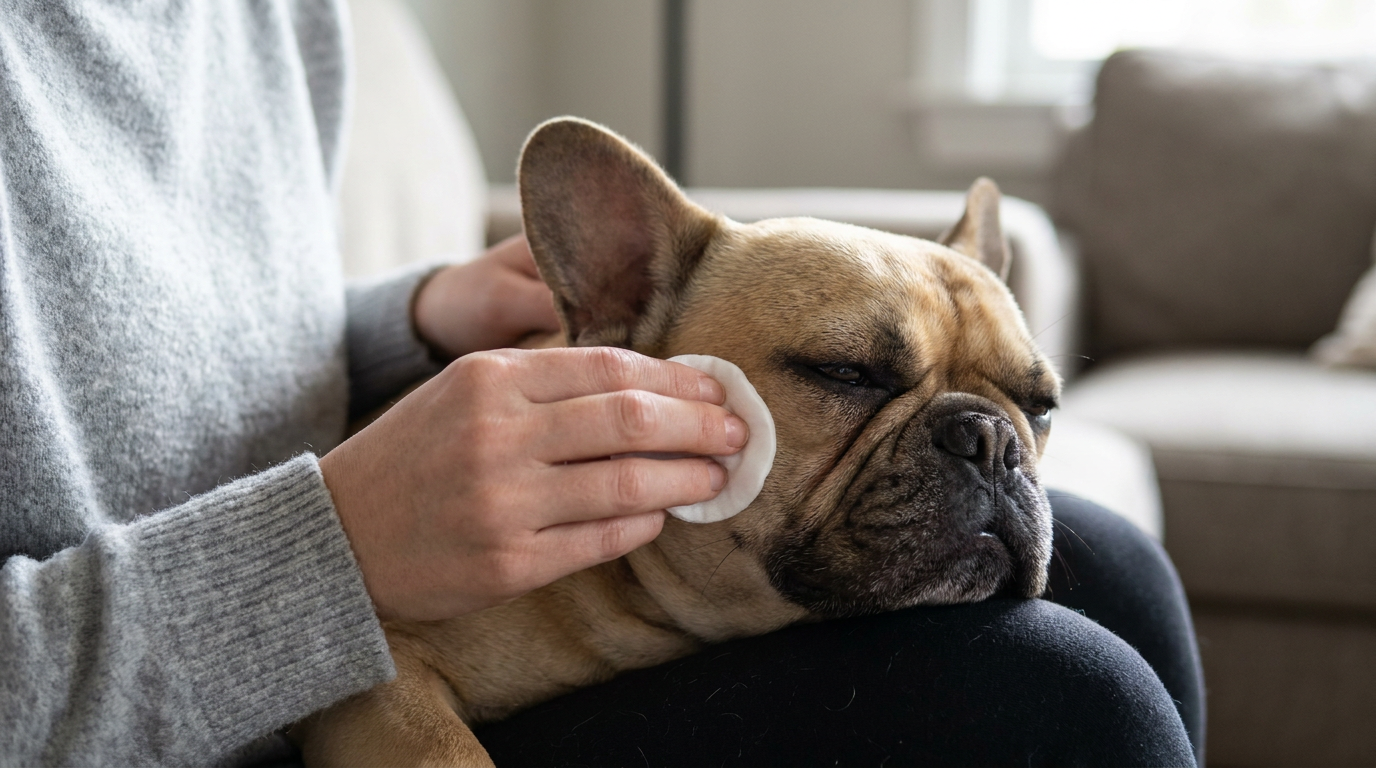 Gazdi tisztítja a francia bulldog arcráncait