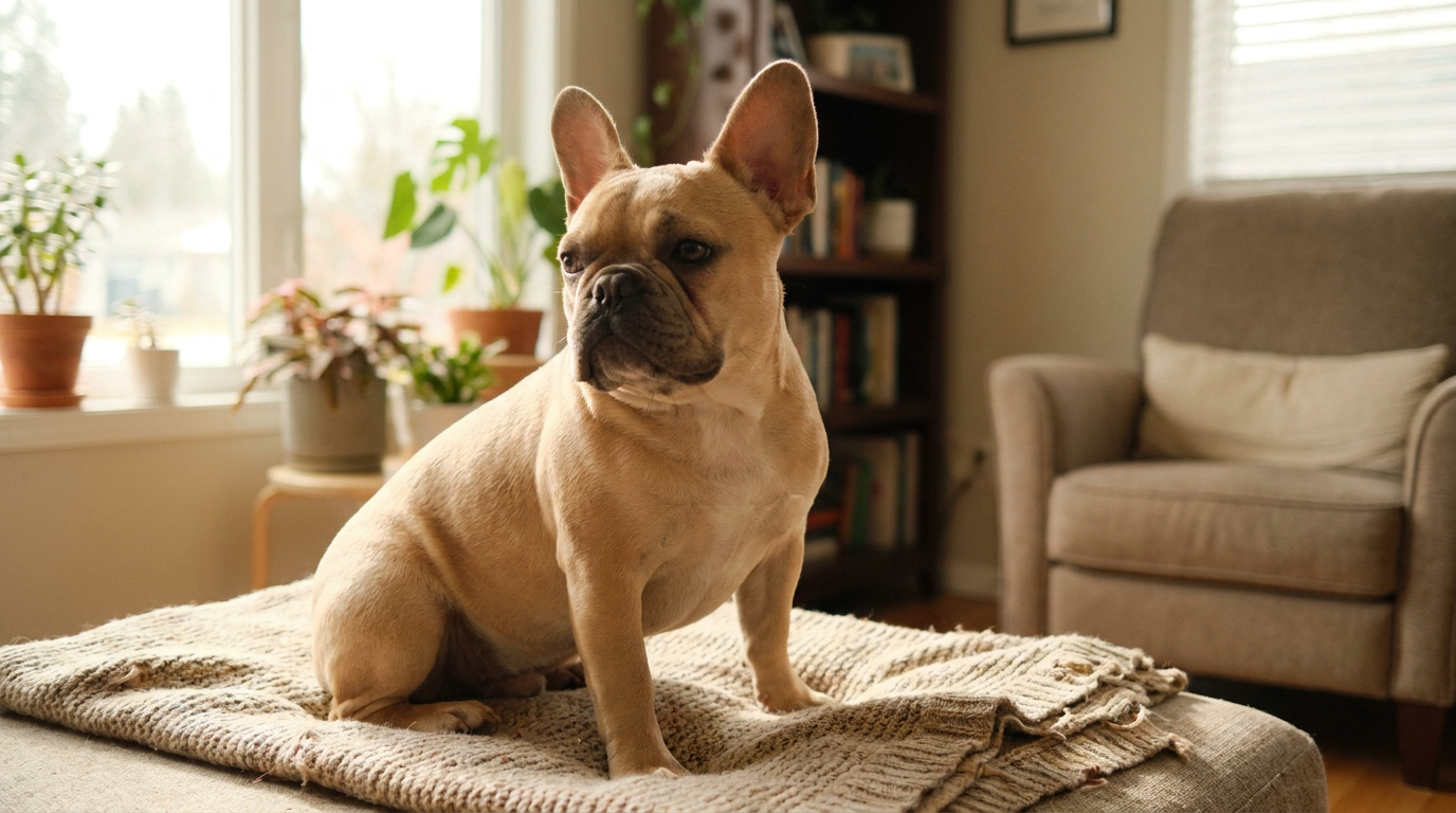 Egészséges, elégedett francia bulldog otthon