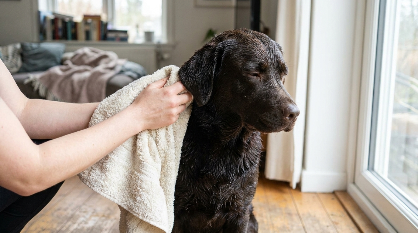 Gazdi szárítja a labrador fülét fürdés után
