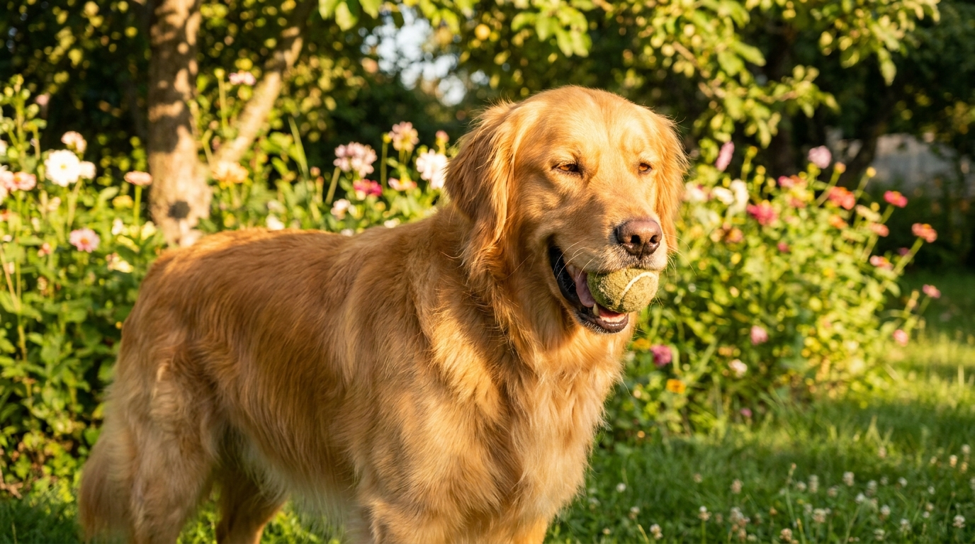 Boldog, egészséges golden retriever a napsütötte kertben