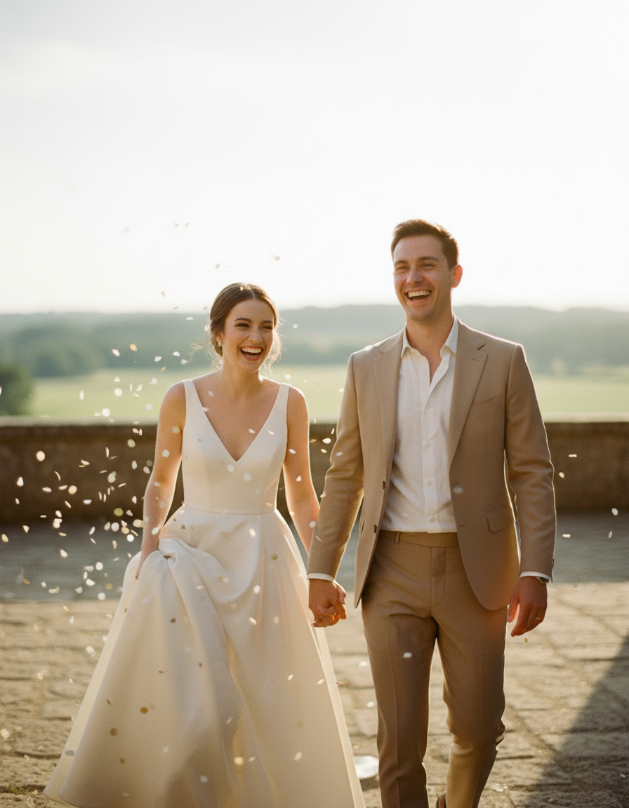 Mirii râzând în mers, confetti