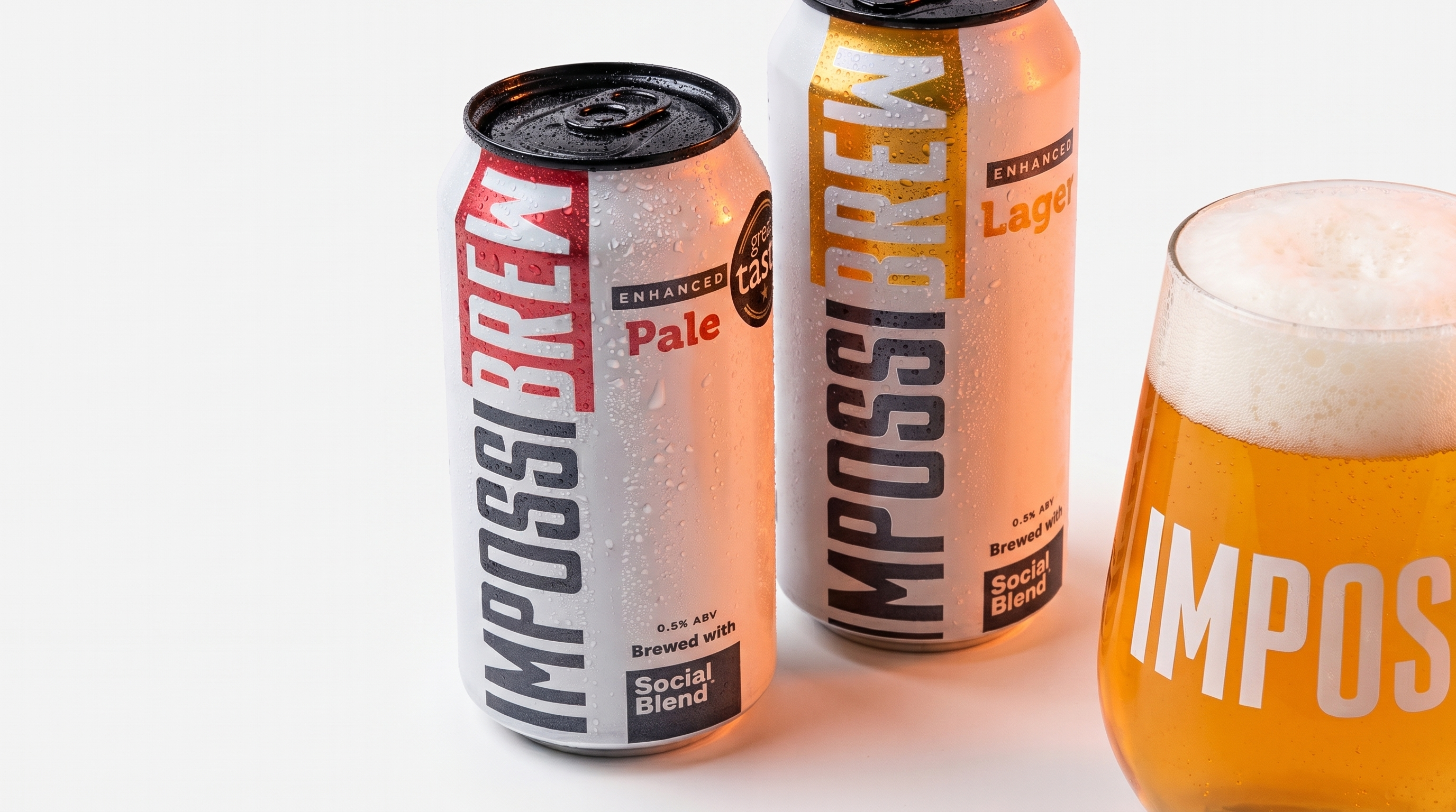 IMPOSSIBREW cans and a partial branded glass in a premium studio setting