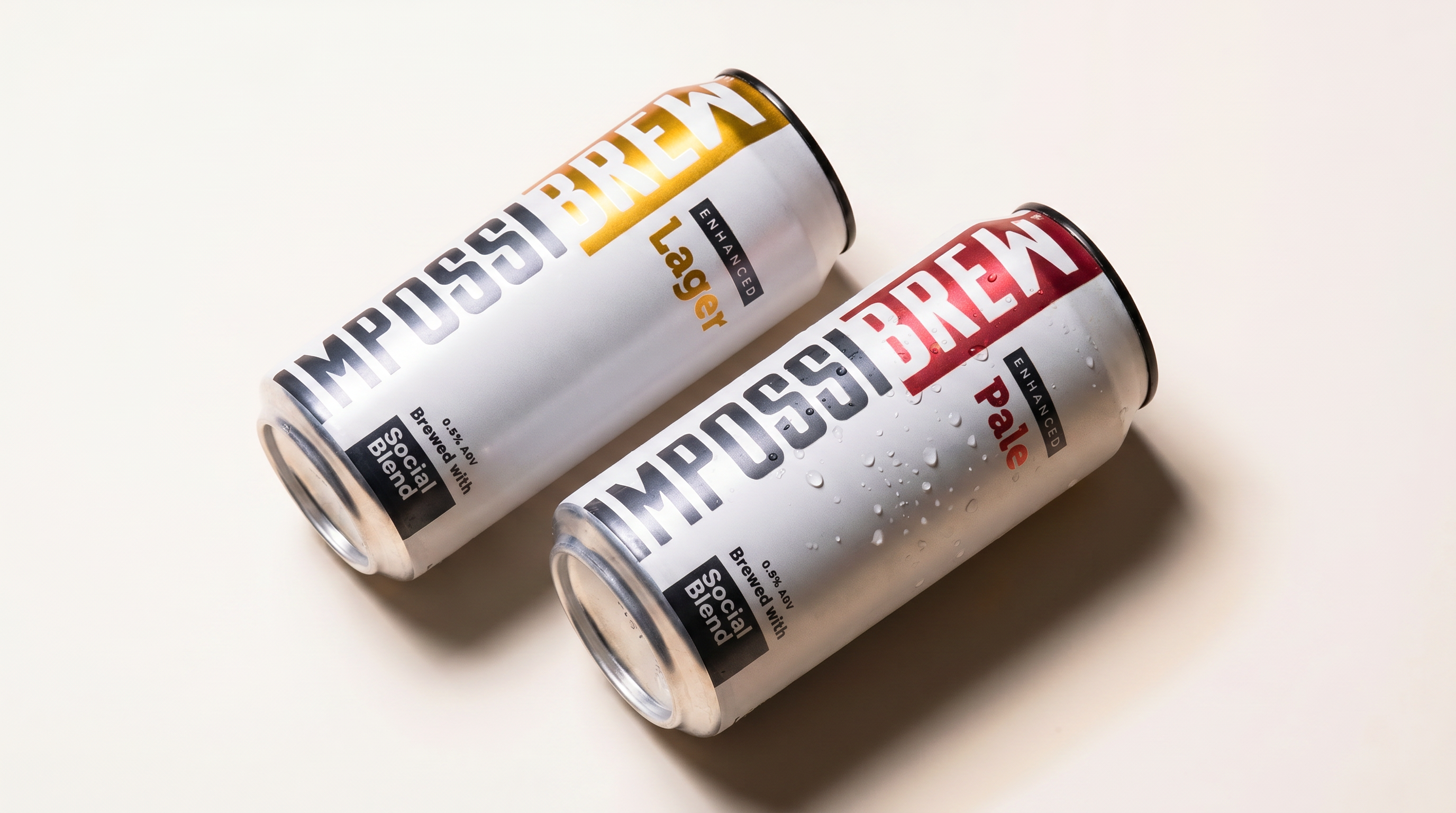 IMPOSSIBREW Pale and Lager cans in a clean off-white studio scene