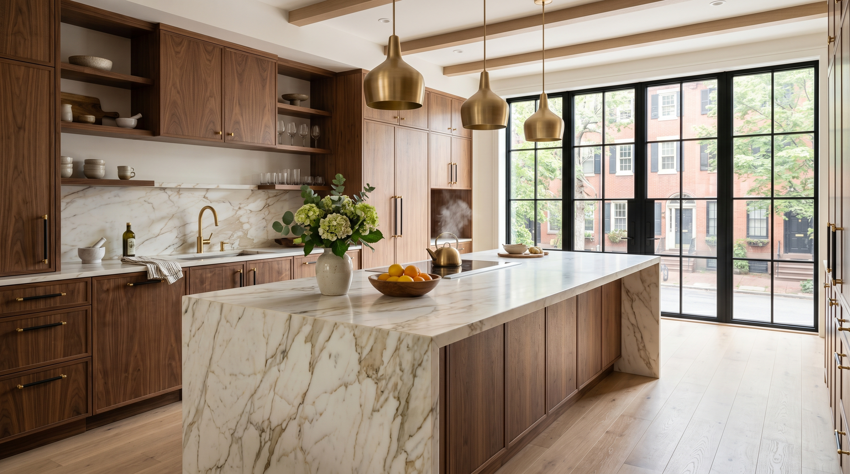 Luxury modern kitchen with marble island and brass fixtures in a Philadelphia home
