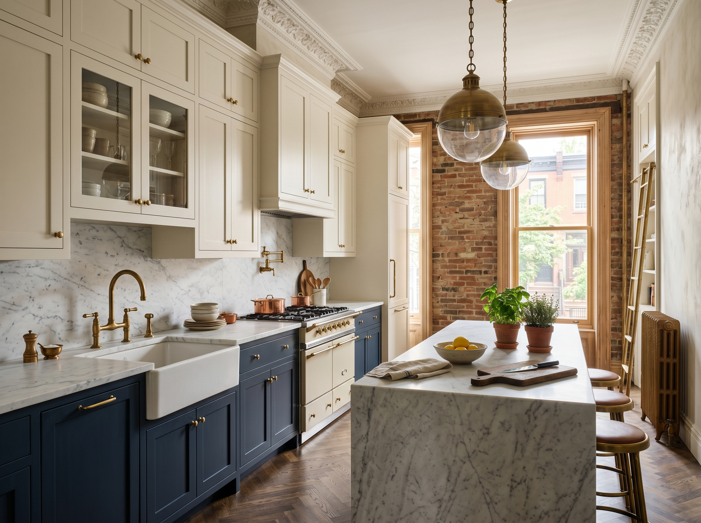 Transitional navy and cream kitchen