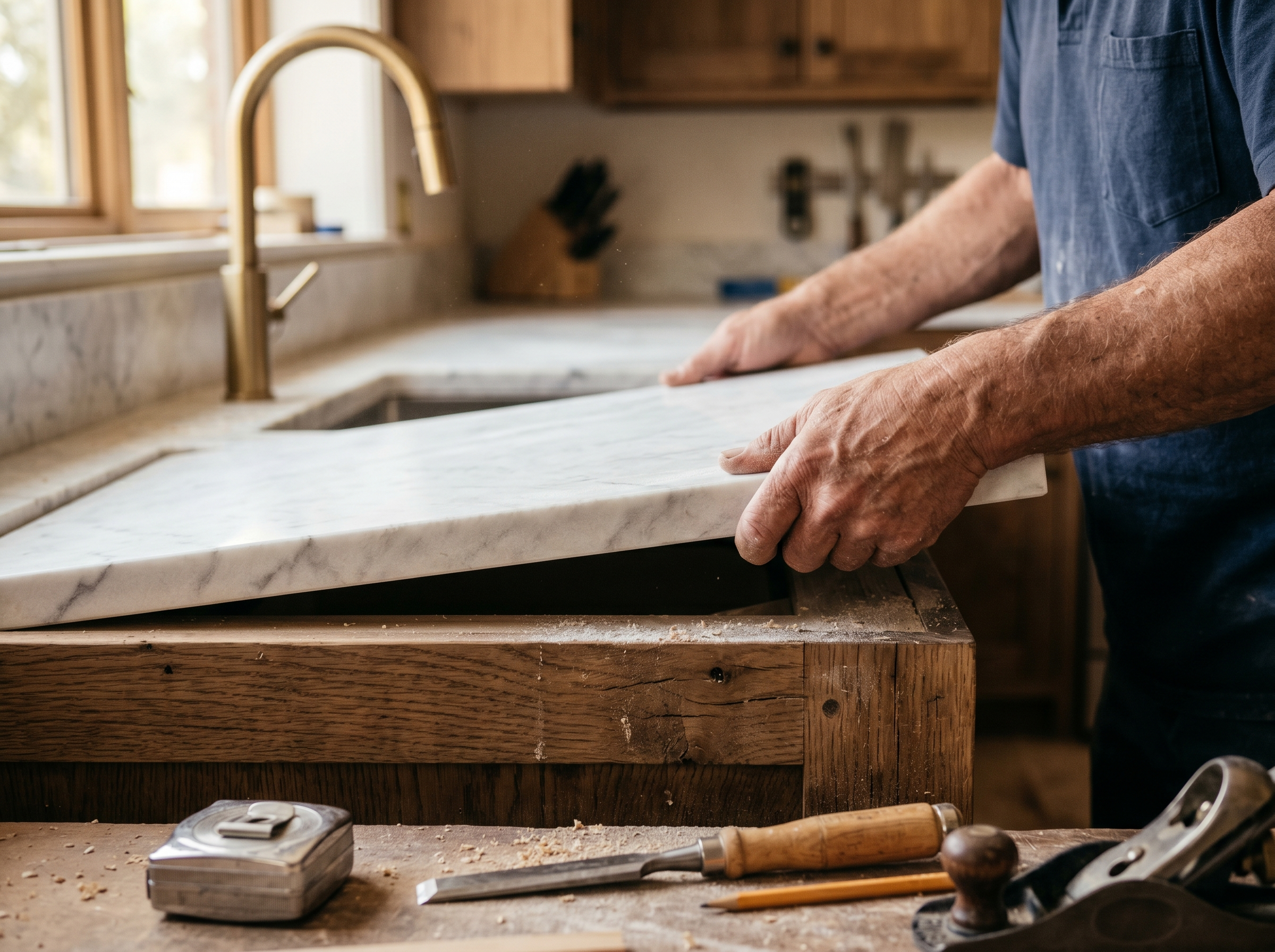 Master craftsman fitting a marble countertop