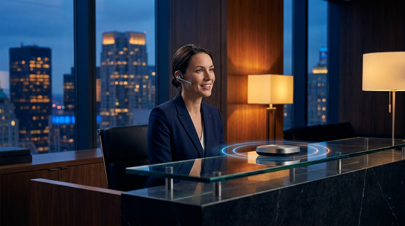 Chloe, the AI receptionist, answering a call instantly at a premium office front desk